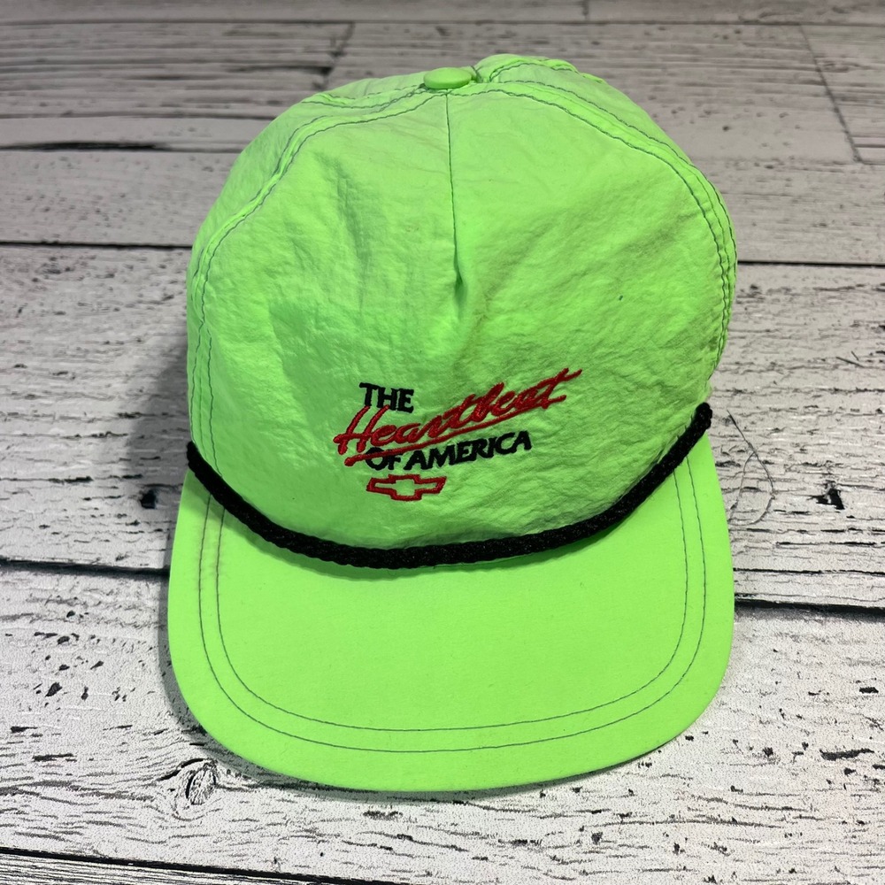 Vintage Chevrolet Heartbeat Of‎ America Neon Green Rope Hat Cap Made In USA